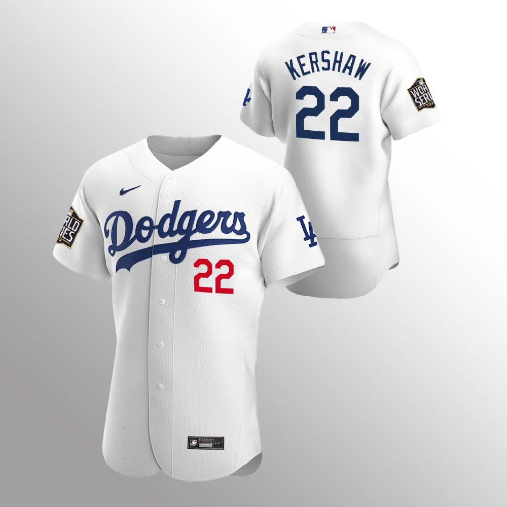 Men's Los Angeles Dodgers #22 Clayton Kershaw White 2020 World Series Bound stitched Jersey